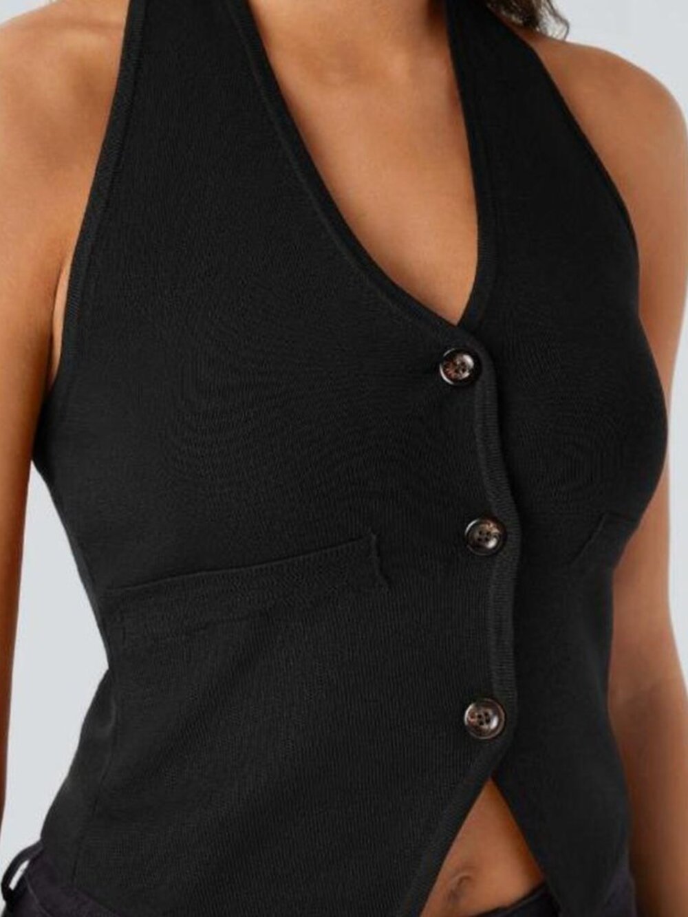 Halara Black Halter‎ Button Front Slim Fit Vest Top
